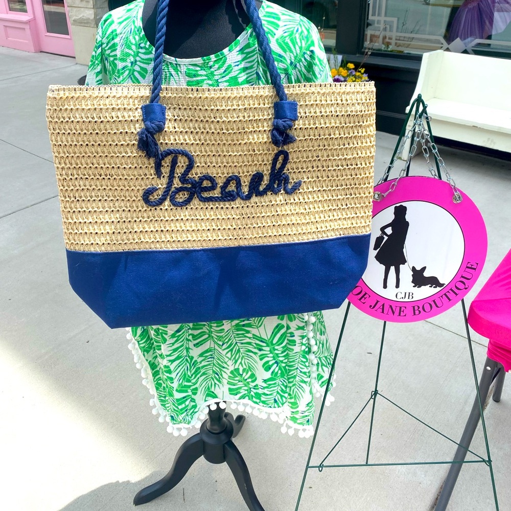 Navy and Natural Beach Tote Bag